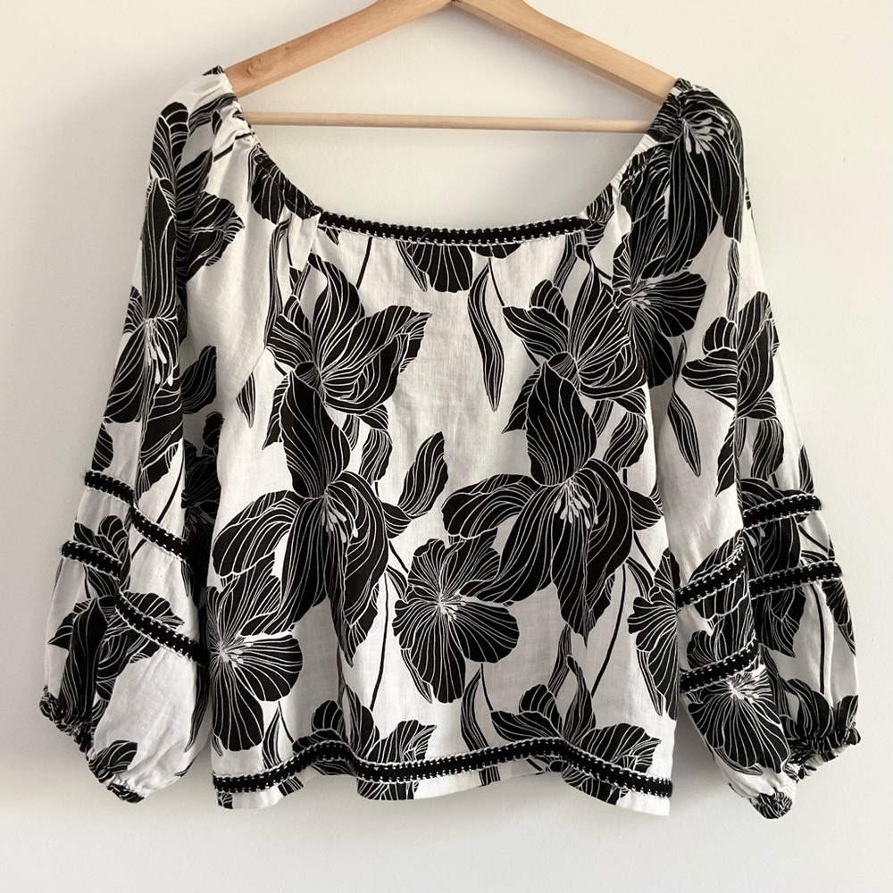 Tahari Linen Blouse Black White Floral Balloon Sleeve Square Neck Size M Beach - Picture 5 of 8